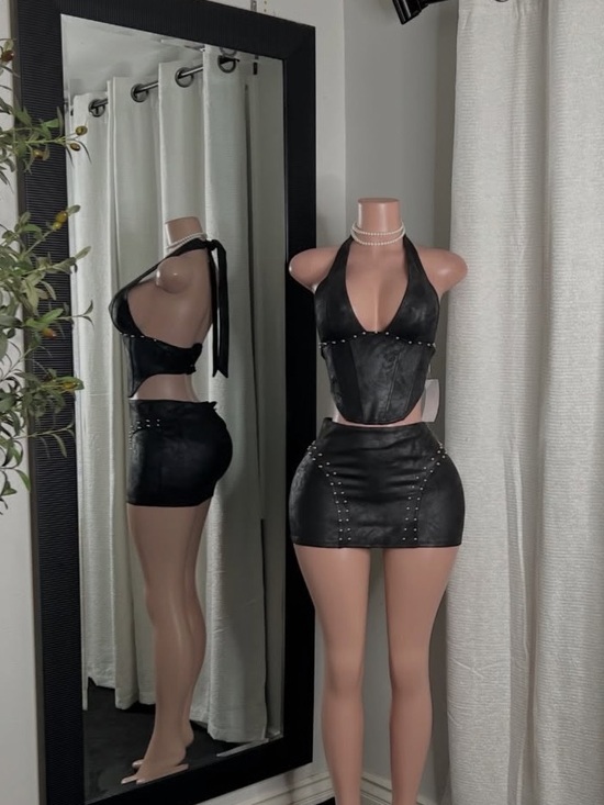 Dresses & Skirts - Black Faux Leather Studded Two-Piece Mini Set